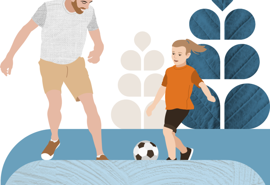 Illustration of a man and a young boy playing soccer