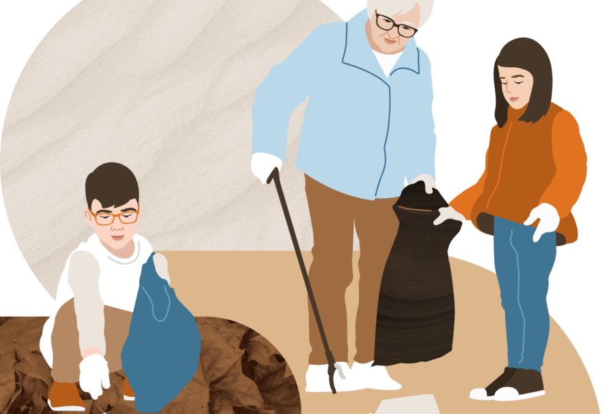 Illustration showing people from a multi generational home volunteering together