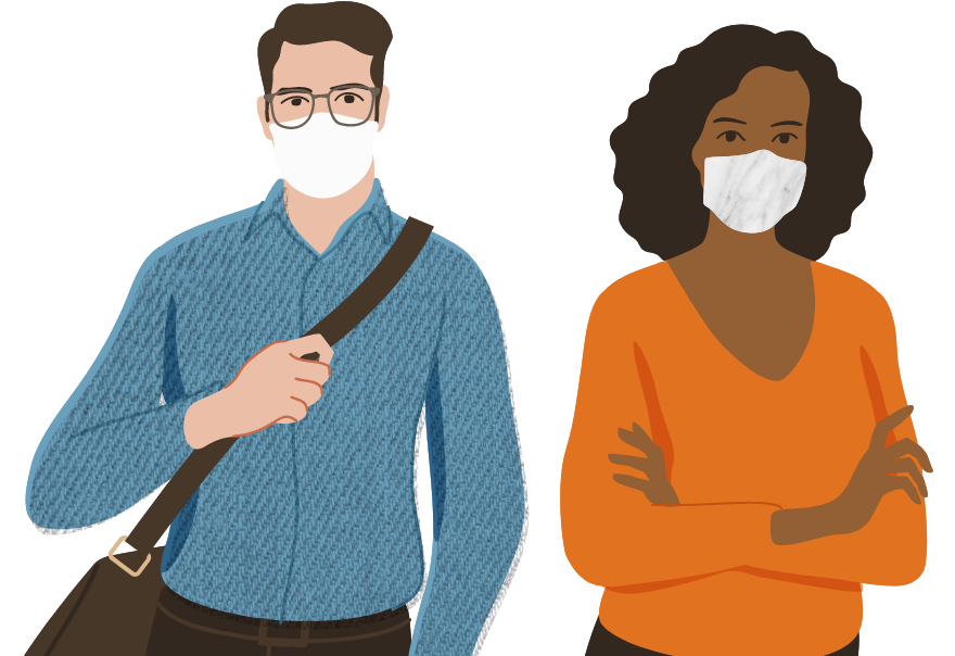 A man and a woman wearing face masks